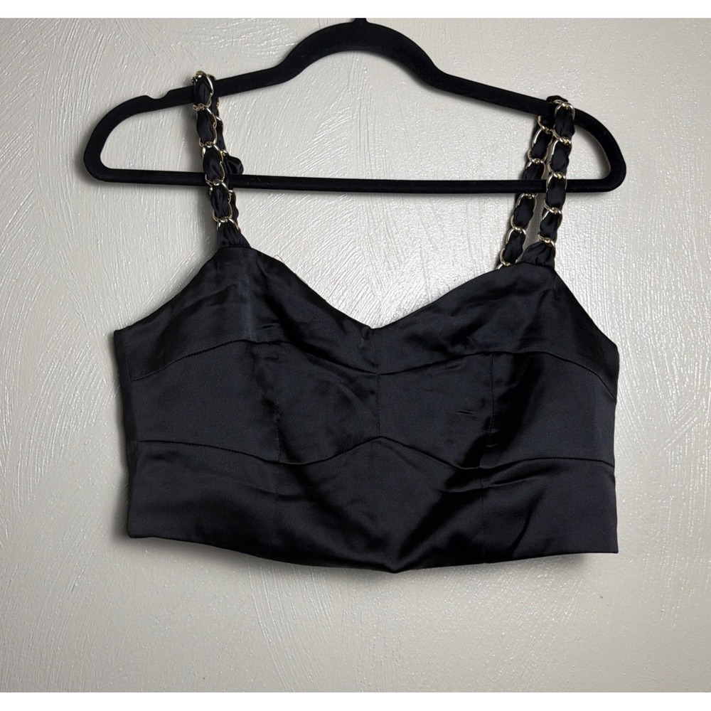 River Island Black Cropped Corset Top Gold Chain Strap Detail US 10 Dark Gothic